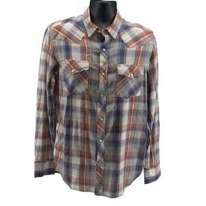 Salt Valley Western Shirt Mens M Blue Orange Plaid Pearl Snap Long Sleeve Cotton